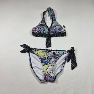 Kenneth Cole Paisley Halter Bikini Purple Teal Yellow Black Polka Dot Tie Ribbon